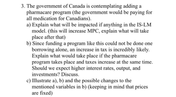 3. The government of Canada is contemplating adding a pharmacare program (the government would be paying for all medication f