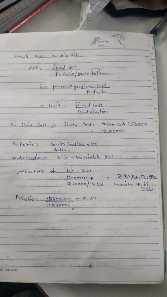 Page No. Date Break Even analysis. BEP2 fined cost PN Ratio contribution. for percentage fined cost Pulation in unit a fined