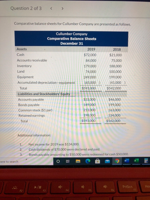Question 2 of 3 Comparative balance sheets for Cullumber Company are presented as follows. Cullumber Company Comparative Bala