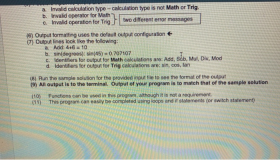 a. Invalid calculation type - calculation type is not Math or Trig. b. Invalid operator for Math c. Invalid operation for Tri