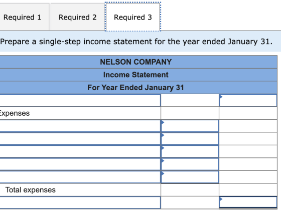 Required 1 Required 2 Required 3 Prepare a single-step income statement for the year ended January 31. NELSON COMPANY Income