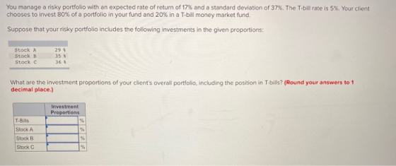 You manage a risky portfolio with an expected rate of return of 17% and a standard deviation of 37%. The T-bill rate is 5%. Y
