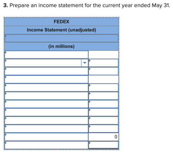 3. Prepare an income statement for the current year ended May 31. FEDEX Income Statement (unadjusted) (in millions)