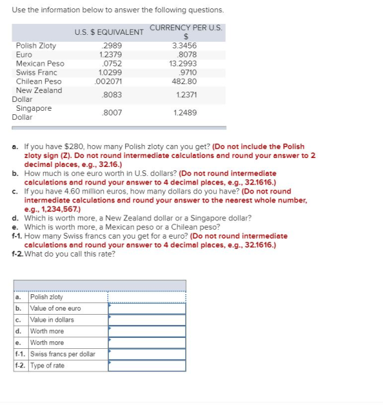 Use the information below to answer the following questions. 1.2379 Polish Zloty Euro Mexican Peso Swiss Franc Chilean Peso N