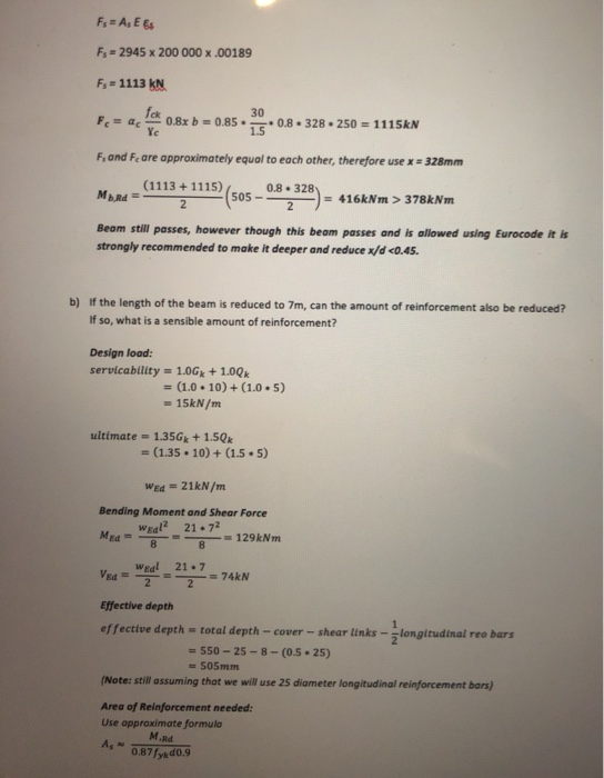 Fs = As E E Fs = 2945 x 200 000 x .00189 Fs = 1113 kN Per as 08< b = 0.85 • . • 0,8 - 328 - 250 = 1115kN 0.8. 328. 250 = 1115