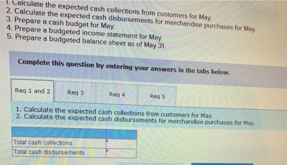 1. Calculate the expected cash collections from customers for May. 2. Calculate the expected cash disbursements for merchandi