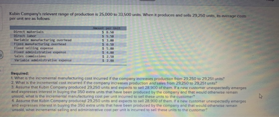 Kubin Companys relevant range of production is 25,000 to 33,500 units When it produces and sells 29.250 units, its average c