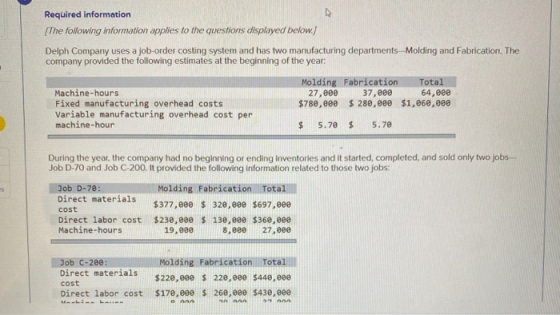 Required information [The following information applies to the questions displayed below.) Delph Company uses a job-order cos