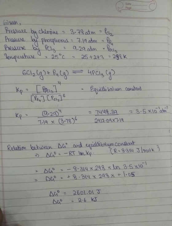 Date Page Given, Pressure by chlorine 3.78 atm = Pala Pressure by phosphorus = 7. 19 atm app Pressure by Pal : 9.29 atm Ppolz