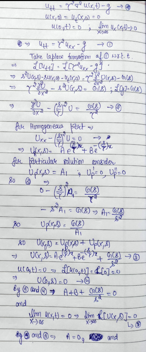 X300 U = 77 uxt-g Ucx, 0) = U_CXD) = 0 Moot) = o lim Ux (xt) ] . Ut = 2 Uxx - g 0 Take taplace fromsform af o wrt.t. Lut] - £