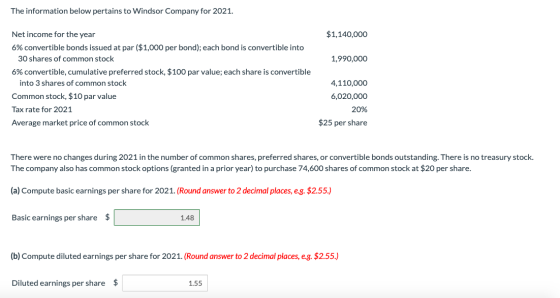 The information below pertains to Windsor Company for 2021. $1,140,000 1,990,000 Net income for the year 6% convertible bonds