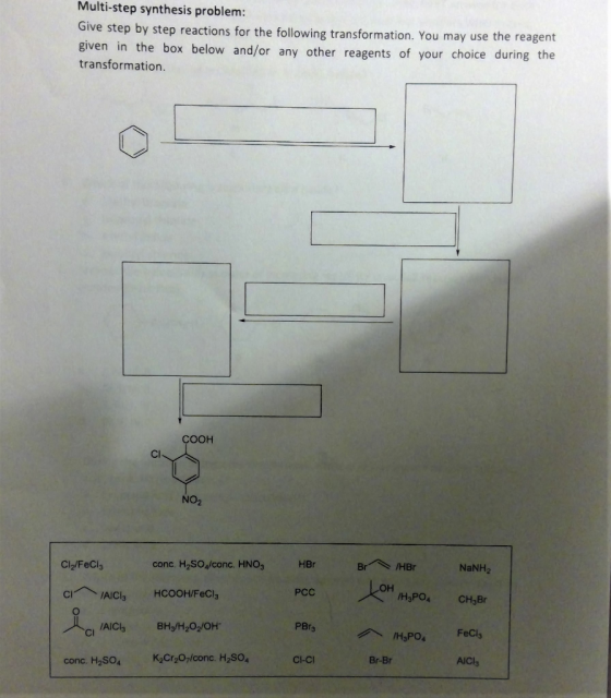 Multi-step synthesis problem: Give step by step reactions for the following transformation. You may use the reagent given in