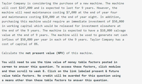Taylor Company is considering the purchase of a new machine. The machine will cost $247,000 and is expected to last for 9 yea