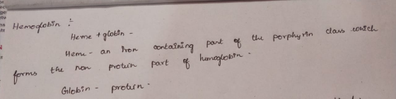 2 2 porphyrin class cowich Hemoglobin : Heme + globin - Heme - an iron forms the non protein Globin - protein- containing par