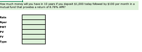 How much money will you have in 10 years if you deposit $1,000 today followed by $100 per month in a mutual fund that provides a return of 8.78% APR? Rate Nper PMT PV FV Type