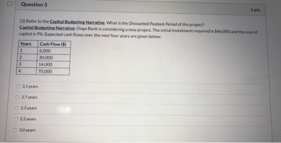 Question 3 1 pts (3) Refer to the Capital Budgeting Narrative. What is the Discounted Payback Period of the project? Capital