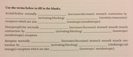 Use the terms below to fill in the blanks. Acetylcholine normally (increases/decreases) stomach contraction by (activating/blocking) (nicotinic/muscarinic) receptors which are also Norepinephrine normally contraction by metabotropic) receptors Atropine normally traction by renergic) receptors which are also (ionotropic/metabotropic). (increases/decreases) stomach smooth muscle (ionotropic/ (activating/blocking) (increases/decreases) stomach smooth muscle con- (cholinergic/ad- (activating/blocking) (ionotropic/ metabotropic).