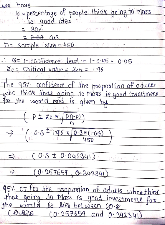 we have þ= percentage of people think going to Mars is good idea 807 0:0.3 ne sample size =-450. : de la confidence Level: =