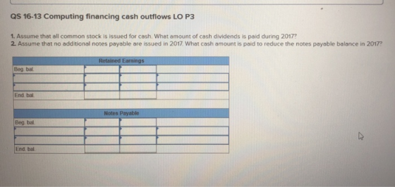 QS 16-13 Computing financing cash outflows LO P3 1. Assume that all common stock is issued for cash. What amount of cash divi