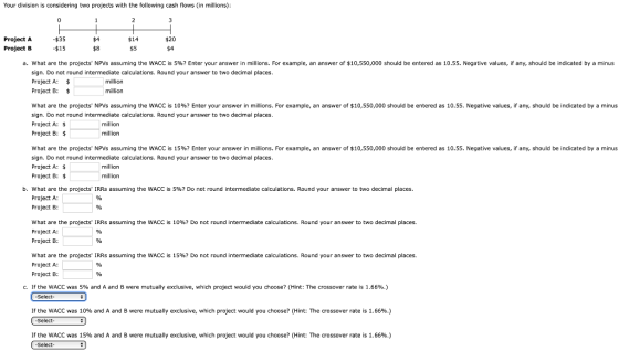 Your division is considering two projects with the following cash flows (in millions): $4 s14 Project A Project B -$35 -$15 $