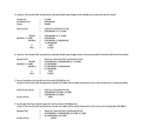 A. Using the Cost-Volume-Profit pricing formula, what price should Toyota charge in order to break even on sales of its new