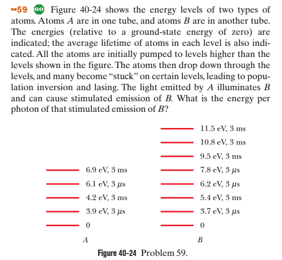 #59 Figure 40-24 shows the energy levels of two types of atoms. Atoms A are in one tube, and atoms B are in another tube The energies (relative to a ground-state energy of zero) are indicated; the average lifetime of atoms in each level is also indi cated. All the atoms are initially pumped to levels higher than the levels shown in the figure. The atoms then drop down through the levels, and many become stuck on certain levels, leading to popu- lation inversion and lasing. The light emitted by A illuminates B and can cause stimulated emission of B. What is the energy per photon of that stimulated emission of B? 11.5eV, 3 ms 10.8 eV, 3 ms 9.5 eV, 3 ms 7.8 eV, 3 us 6.2 eV, 3 us 5.4 eV, 3 ms 3.7 eV, 3 us _6.9 eV, 3 ms 6.1 eV, 3 us 4.2 eV, 3 ms 3.9 eV, 3 us 0 Figure 40-24 Problem 59