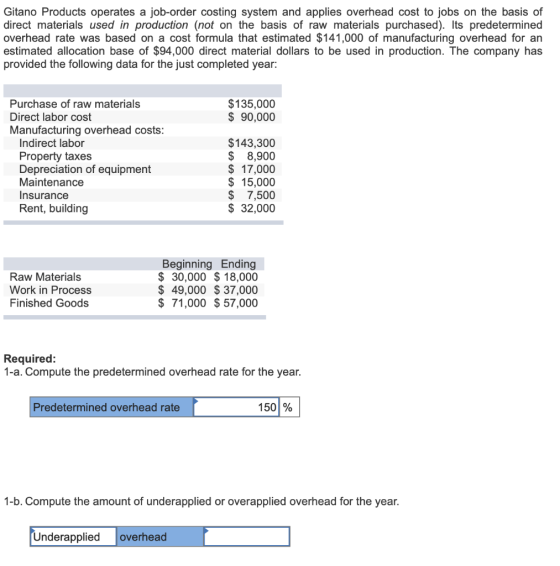 Gitano Products operates a job-order costing system and applies overhead cost to jobs on the basis of direct materials used i