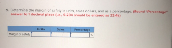 d. Determine the margin of safety in units, sales dollars, and as a percentage. (Round Percentage answer to 1 decimal place