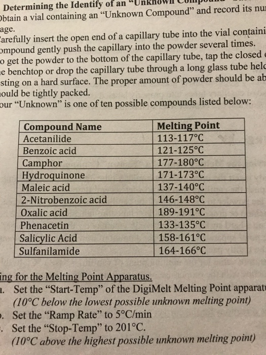 Determining the Identify of an Unknown compu. btain a vial containing an “Unknown Compound” and record its nu age. arefully
