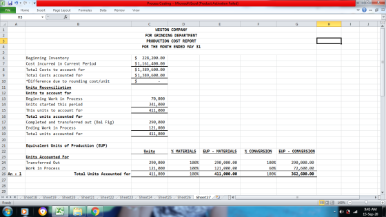 XI - х Process Costing - Microsoft Excel (Product Activation Failed) File Home Insert Page Layout Formulas Data Review View ♡