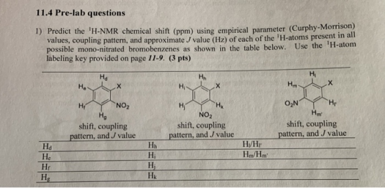 11.4 Pre-lab questions 1) Predict the H-NMR chemical shift (ppm) using empirical parameter (Curphy-Morrison) values, couplin