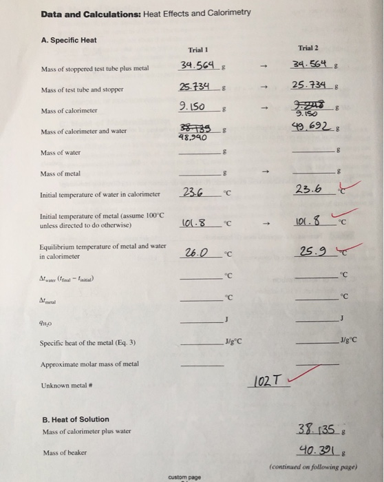 Data and Calculations: Heat Effects and Calorimetry A. Specific Heat Trial 1 Mass of stoppered test tube plus metal Mass of t