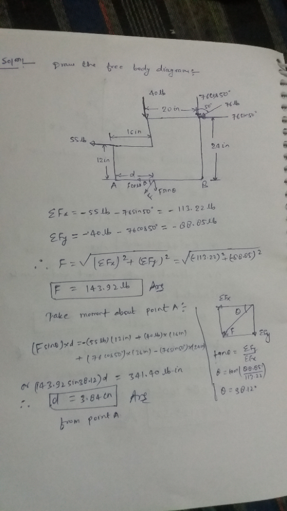SolL ene tree bedy diagn Praus 40 lb 20 in o Icin 24 in 12in A Fos D E F&=-SSlb-7sinso -113.22 b E=40J-76c08s0 -88.0516 FVEF(