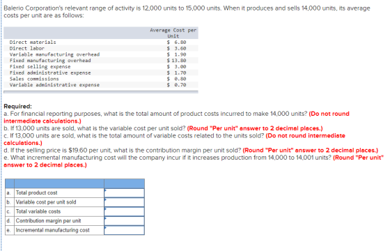 Balerio Corporations relevant range of activity is 12,000 units to 15,000 units. When it produces and sells 14,000 units, it