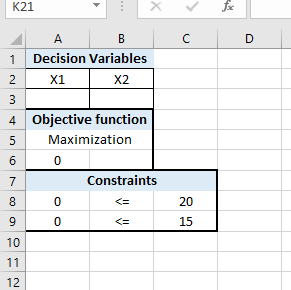 K21 1 Decision Variables 2 X1 X2 4 Objective function 5 Maximization C) Constraints C) 20 15 C) 10 12