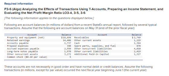 Required information P3-6 (Algo) Analyzing the Effects of Transactions Using T-Accounts, Preparing an Income Statement, and E