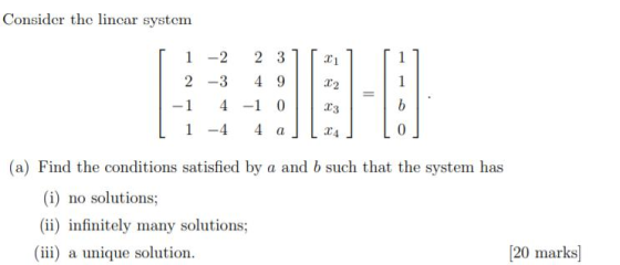 Consider the lincar system 1 -2 2 -3 -1 4 1 -4 2 31 4.9 -1 0 4 a L24 (a) Find the conditions satisfied by a and b such that t
