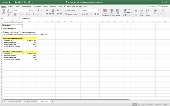 ACCT& 202 Lab 3 Student Template Winter 2020 Comments AutoSaveF AGES Home Insert Draw Page Layout Arial 12 Pesic BI U C A2 X