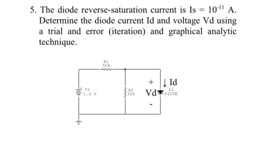 5. The diode reverse-saturation current is Is 1011 A Determine the diode current Id and voltage Vd using a trial and error (iteration) and graphical analytic technique. R1 50k R2 30k D1 DIODE 〒 1.2 V