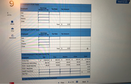 9 Check my work s FUTA Taxes Earnings Subject to Tax Tax Rate Tax Amount Dali points Trey Chee Total S0.00 6) Employers SUTA Taxes Earnings Subject to Taxax Rate Tax Amount References Dali Trey Kiesha Total 0.00 loyees Net (take-home) Pay Dali Kiesha Chee Total Employee Gross Pay Income tax withholding FICA-Social Secuity FICA Medicare Health Insurance Net Pay 2,000.00900.00450.00$400.00 $ 3,750.00 498.00 176.70 0.00 0.00 0.00 39.00 27.90 30.00 284.00 68.20 145.00 5.80 24.80 K Prev 9 of 14 ll Next >