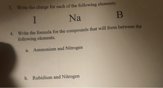 3. Write the charge for each of the following elements: Na B 4. Write the formula for the compounds that will form between th