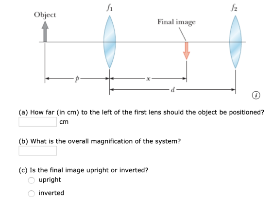 Object Final image (a) How far (in cm) to the left of the first lens should the object be positioned? cm (b) What is the over