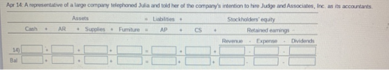 + + + Apr 14: A representative of a large company telephoned Julia and told her of the companys intention to hire Judge and