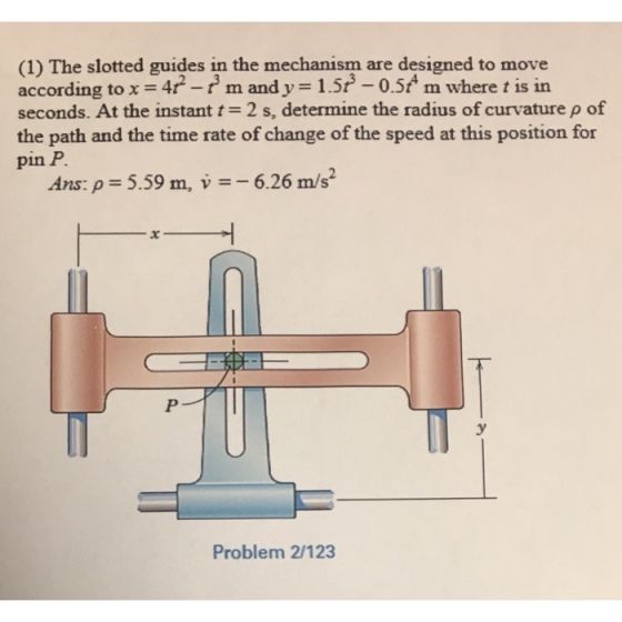 (1) The slotted guides in the mechanism are designed to move according to x = 4r-rm and y = 15f-05f m where t is in seconds. At the instant t = 2 s, determine the radius of curvature ρ of the path and the time rate of change of the speed at this position for pin P. Ans: ρ = 5.59 m, w =-6.26 m/s2 Problem 2/123