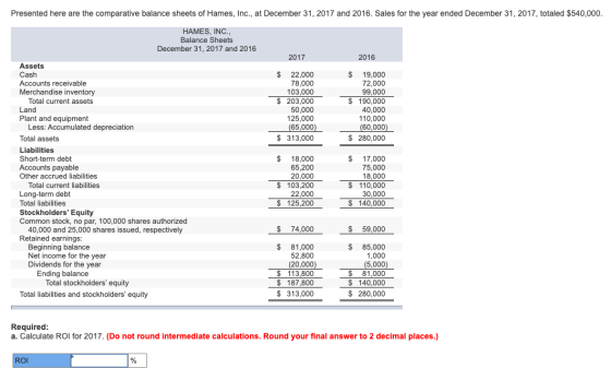 Presented here are the comparative balance sheets of Hames, Inc., at December 31, 2017 and 2016. Sales for the year ended Dec