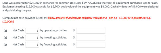 Land was acquired for $29,700 in exchange for common stock, par $29,700, during the year; all equipment purchased was for cas