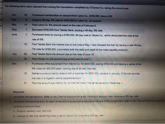 The following items were selected from among the transactions completed by ODonnel Co. during the current year Jan. 10. 11.