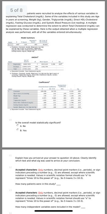 5 of 8 patients were recruited to analyze the effects of various variables in explaining Total Cholesterol (mg/dL). Some of t