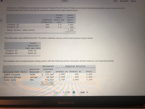 Seved Help Save& Exit Submit Snavely, Inc., manufactures and sells two products: Product E1 and Product A7 Data concerning th