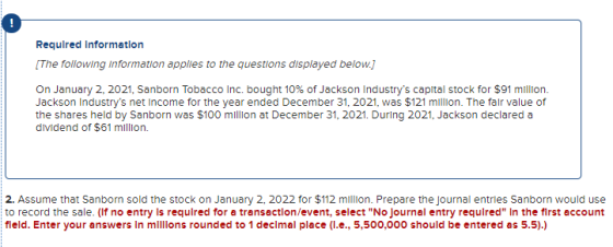 Required Information [The following information applies to the questions displayed below.] On January 2, 2021, Sanborn Tobacc
